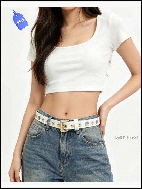Womens Skinny Belt with Grommets Leather Gold Buckle main image 5